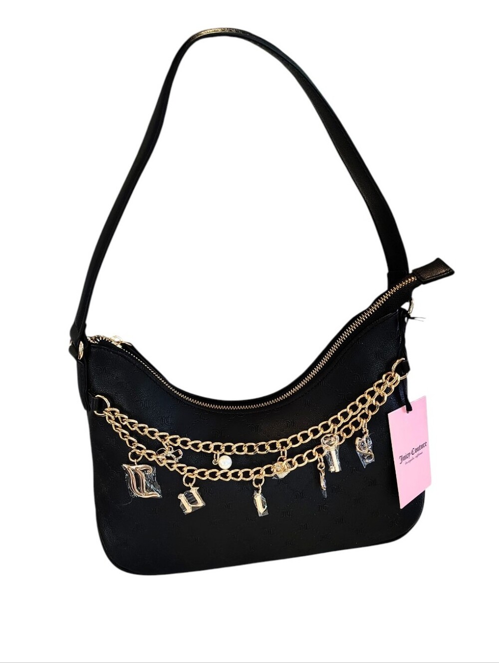 Juicy Couture Black Leather Stamped Purse With Gold Chain and Dangling Charms